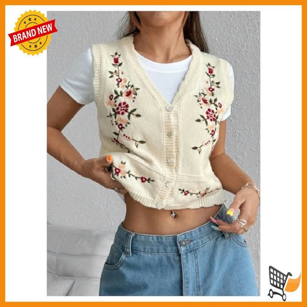 Women's Boho Flower Embroidered V-Neck Sleeveless Cardigan Vest Size Small - Picture 4 of 8